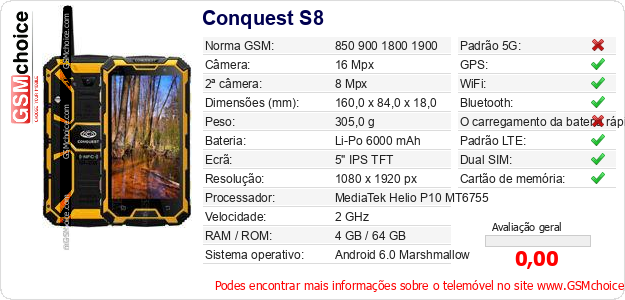 Conquest S8 Especificações técnicas do telemóvel 