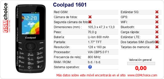 Coolpad 1601 Datos técnicos del móvil Coolpad 1601 Datos técnicos del móvil