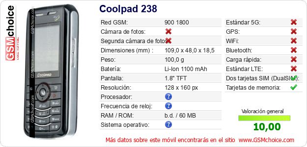 Coolpad 238 Datos técnicos del móvil Coolpad 238 Datos técnicos del móvil