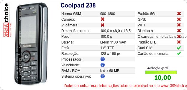 Coolpad 238 Especificações técnicas do telemóvel Coolpad 238 Especificações técnicas do telemóvel