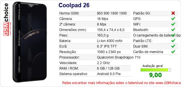 Coolpad 26 Especificações técnicas do telemóvel Coolpad 26 Especificações técnicas do telemóvel