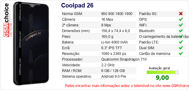 Coolpad 26 Especificações técnicas do telemóvel Coolpad 26 Especificações técnicas do telemóvel