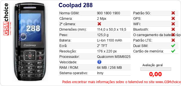 Coolpad 288 Especificações técnicas do telemóvel Coolpad 288 Especificações técnicas do telemóvel