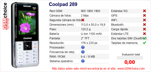 Coolpad 289 Datos técnicos del móvil Coolpad 289 Datos técnicos del móvil