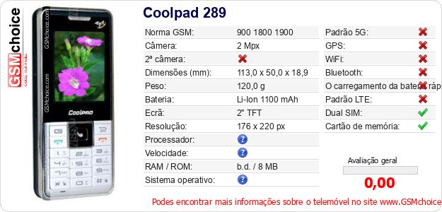 Coolpad 289 Especificações técnicas do telemóvel Coolpad 289 Especificações técnicas do telemóvel