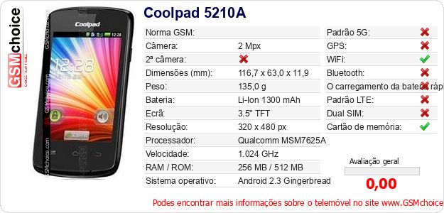 Coolpad 5210A Especificações técnicas do telemóvel Coolpad 5210A Especificações técnicas do telemóvel