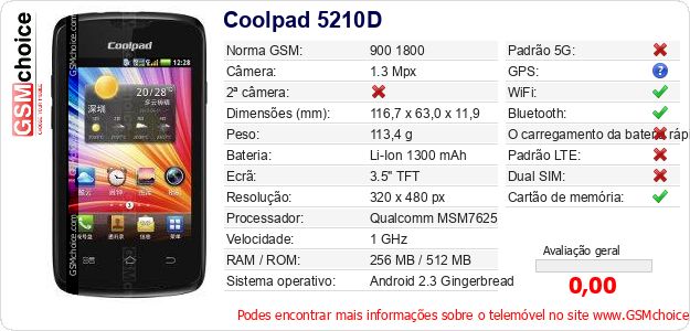 Coolpad 5210D Especificações técnicas do telemóvel Coolpad 5210D Especificações técnicas do telemóvel