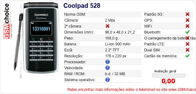 Coolpad 528 Especificações técnicas do telemóvel 