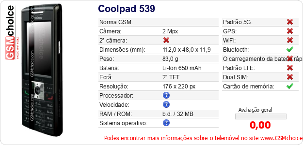 Coolpad 539 Especificações técnicas do telemóvel 