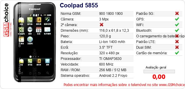 Coolpad 5855 Especificações técnicas do telemóvel Coolpad 5855 Especificações técnicas do telemóvel