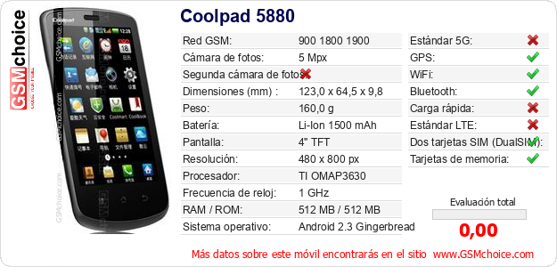 Coolpad 5880 Datos técnicos del móvil 