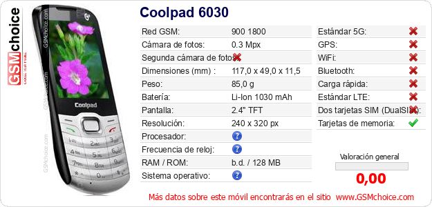 Coolpad 6030 Datos técnicos del móvil Coolpad 6030 Datos técnicos del móvil