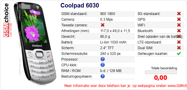 Coolpad 6030 Technische gegevens Coolpad 6030 Technische gegevens