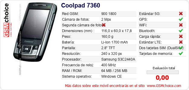 Coolpad 7360 Datos técnicos del móvil Coolpad 7360 Datos técnicos del móvil