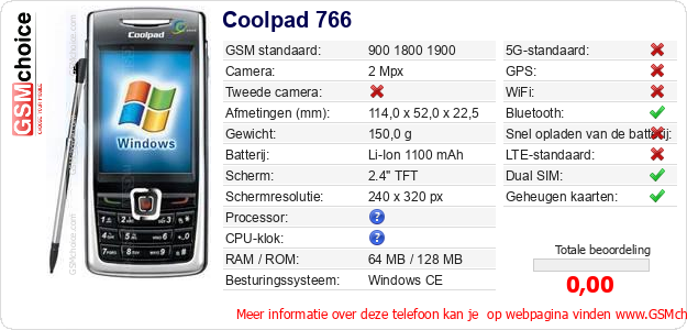 Coolpad 766 Technische gegevens Coolpad 766 Technische gegevens