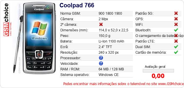 Coolpad 766 Especificações técnicas do telemóvel Coolpad 766 Especificações técnicas do telemóvel