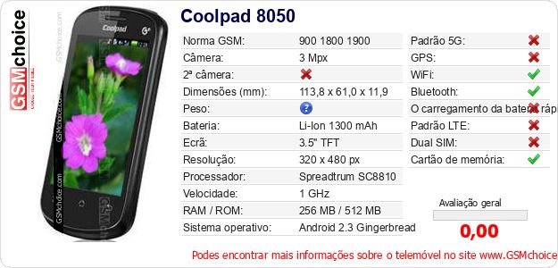 Coolpad 8050 Especificações técnicas do telemóvel Coolpad 8050 Especificações técnicas do telemóvel