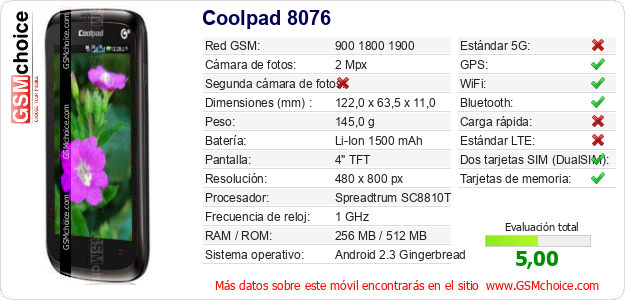 Coolpad 8076 Datos técnicos del móvil Coolpad 8076 Datos técnicos del móvil