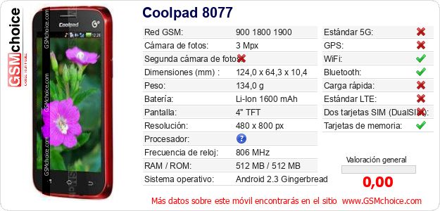 Coolpad 8077 Datos técnicos del móvil Coolpad 8077 Datos técnicos del móvil