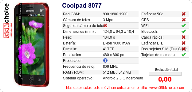 Coolpad 8077 Datos técnicos del móvil 
