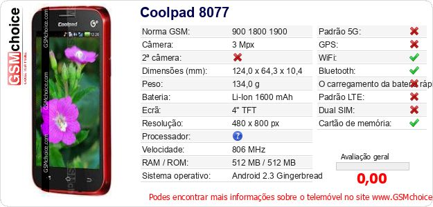 Coolpad 8077 Especificações técnicas do telemóvel Coolpad 8077 Especificações técnicas do telemóvel