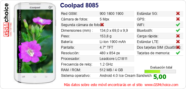 Coolpad 8085 Datos técnicos del móvil Coolpad 8085 Datos técnicos del móvil