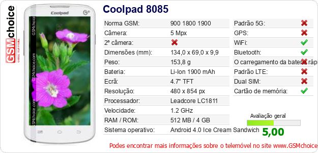 Coolpad 8085 Especificações técnicas do telemóvel Coolpad 8085 Especificações técnicas do telemóvel