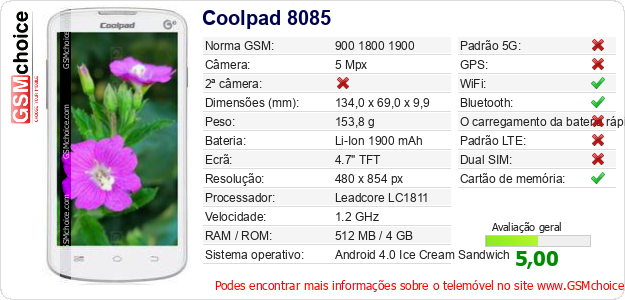 Coolpad 8085 Especificações técnicas do telemóvel Coolpad 8085 Especificações técnicas do telemóvel