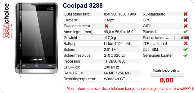 Coolpad 8288 Technische gegevens Coolpad 8288 Technische gegevens