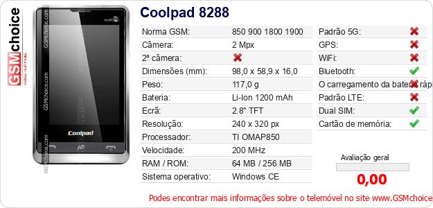 Coolpad 8288 Especificações técnicas do telemóvel 