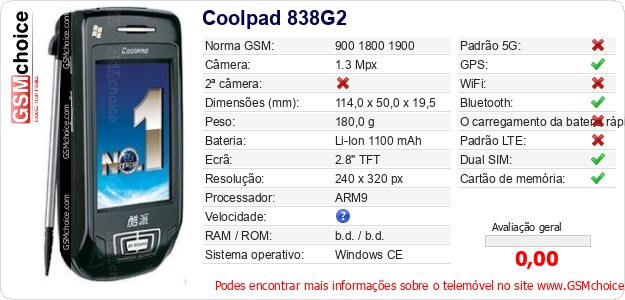 Coolpad 838G2 Especificações técnicas do telemóvel Coolpad 838G2 Especificações técnicas do telemóvel