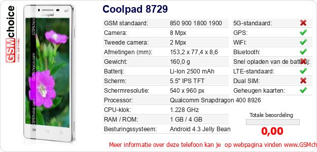 Coolpad 8729 Technische gegevens Coolpad 8729 Technische gegevens