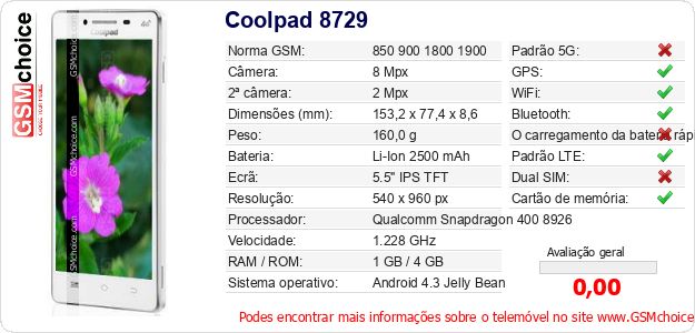 Coolpad 8729 Especificações técnicas do telemóvel Coolpad 8729 Especificações técnicas do telemóvel