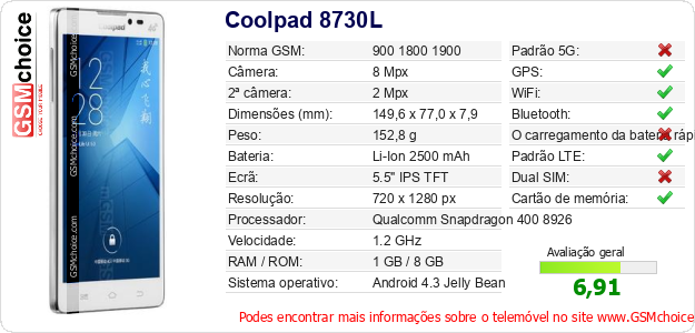 Coolpad 8730L Especificações técnicas do telemóvel Coolpad 8730L Especificações técnicas do telemóvel