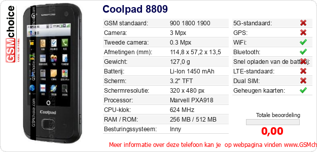 Coolpad 8809 Technische gegevens Coolpad 8809 Technische gegevens