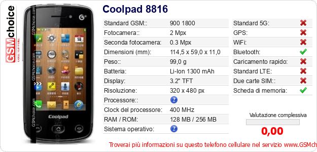 Coolpad 8816 Dati tecnici di telefono cellulare 