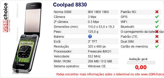 Coolpad 8830 Especificações técnicas do telemóvel Coolpad 8830 Especificações técnicas do telemóvel