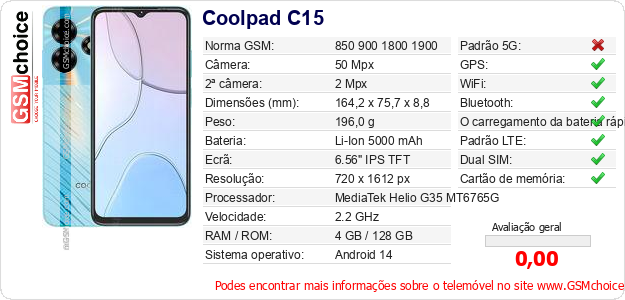 Coolpad C15 Especificações técnicas do telemóvel 