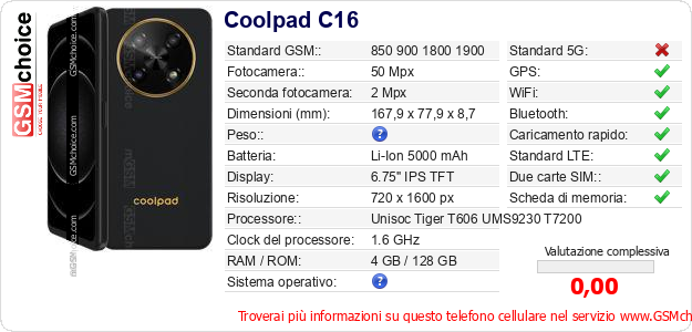 Coolpad C16 Dati tecnici di telefono cellulare Coolpad C16 Dati tecnici di telefono cellulare