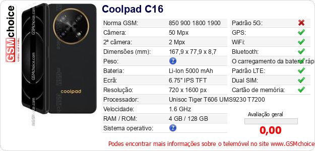 Coolpad C16 Especificações técnicas do telemóvel 