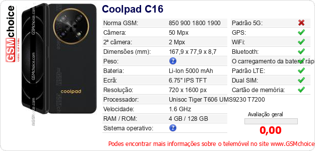 Coolpad C16 Especificações técnicas do telemóvel 