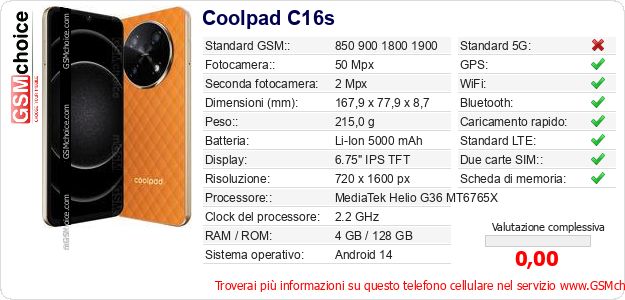 Coolpad C16s Dati tecnici di telefono cellulare Coolpad C16s Dati tecnici di telefono cellulare