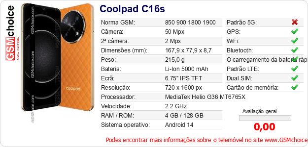 Coolpad C16s Especificações técnicas do telemóvel Coolpad C16s Especificações técnicas do telemóvel