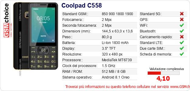 Coolpad C558 Dati tecnici di telefono cellulare Coolpad C558 Dati tecnici di telefono cellulare