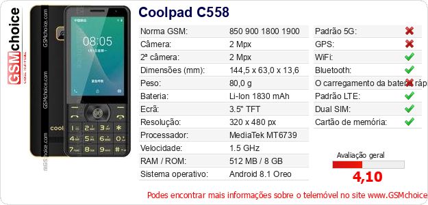 Coolpad C558 Especificações técnicas do telemóvel Coolpad C558 Especificações técnicas do telemóvel