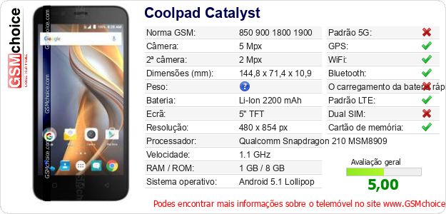 Coolpad Catalyst Especificações técnicas do telemóvel Coolpad Catalyst Especificações técnicas do telemóvel