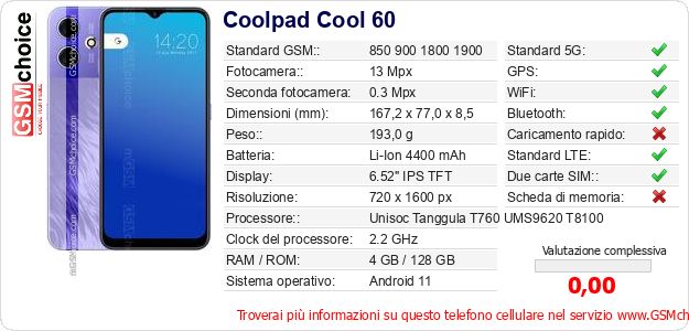 Coolpad Cool 60 Dati tecnici di telefono cellulare Coolpad Cool 60 Dati tecnici di telefono cellulare