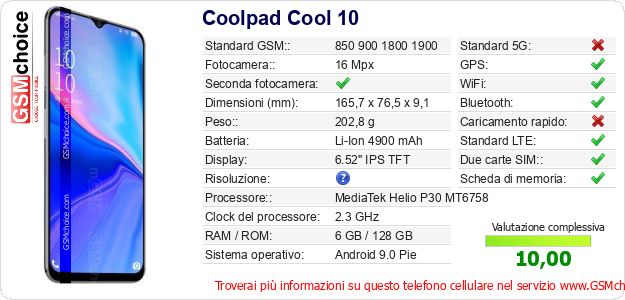Coolpad Cool 10 Dati tecnici di telefono cellulare 