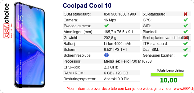 Coolpad Cool 10 Technische gegevens 
