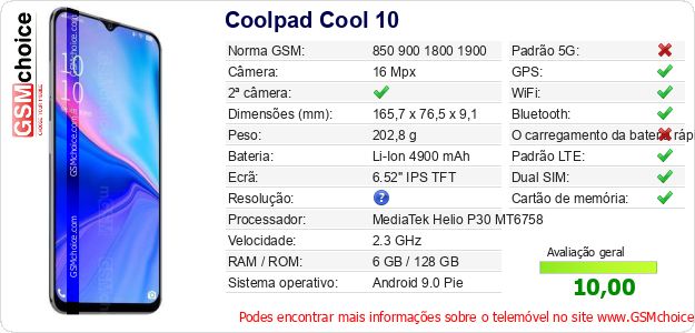 Coolpad Cool 10 Especificações técnicas do telemóvel Coolpad Cool 10 Especificações técnicas do telemóvel